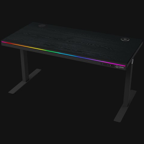 Dual-motor sit/stand adjustable-height gaming desk with wireless charger, RGB lighting, control panel, and USB ports, PB melamin