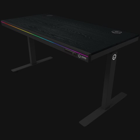 Dual-motor sit/stand adjustable-height gaming desk with wireless charger, RGB lighting, control panel, and USB ports, PB melamin