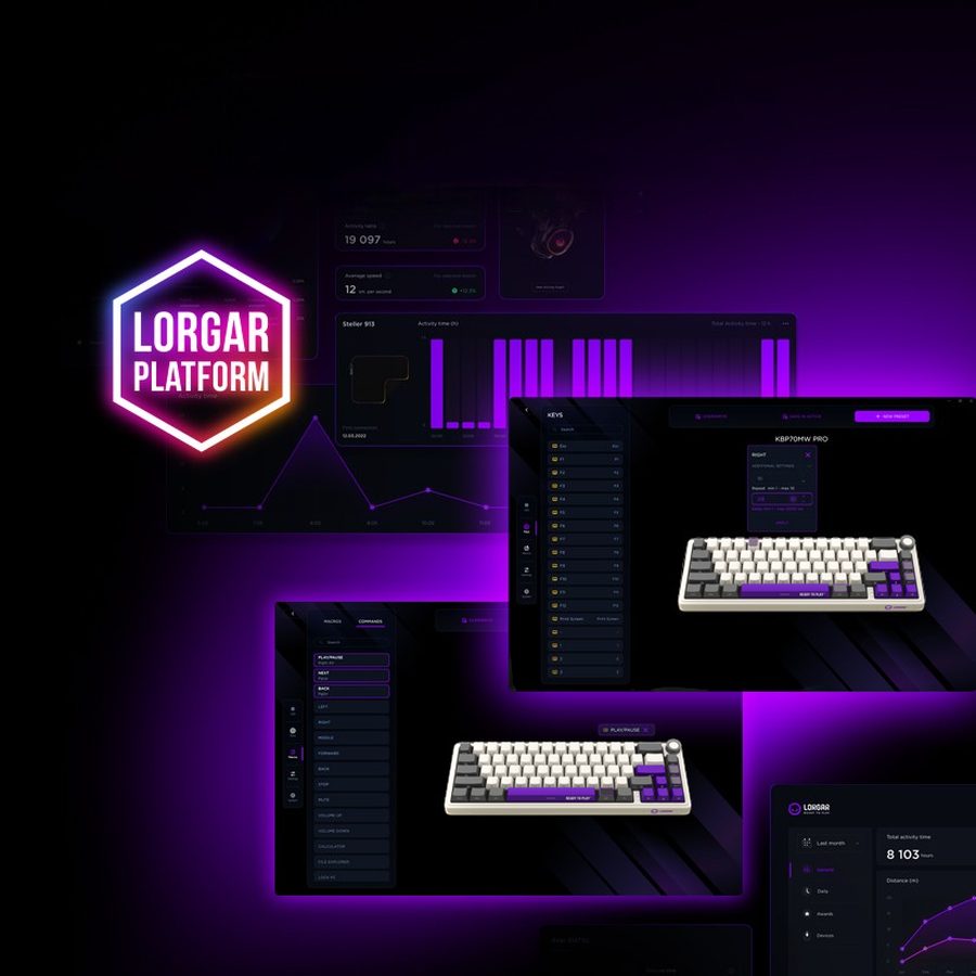 The LORGAR PLATFORM sign, app panels and LORGAR keyboards in a purple glow