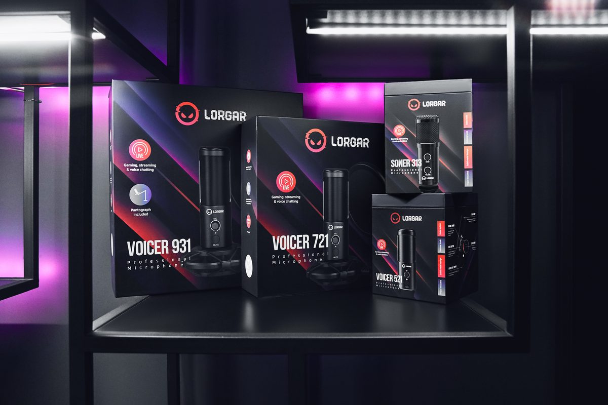 LORGAR Voicer microphone packaging on a retail display