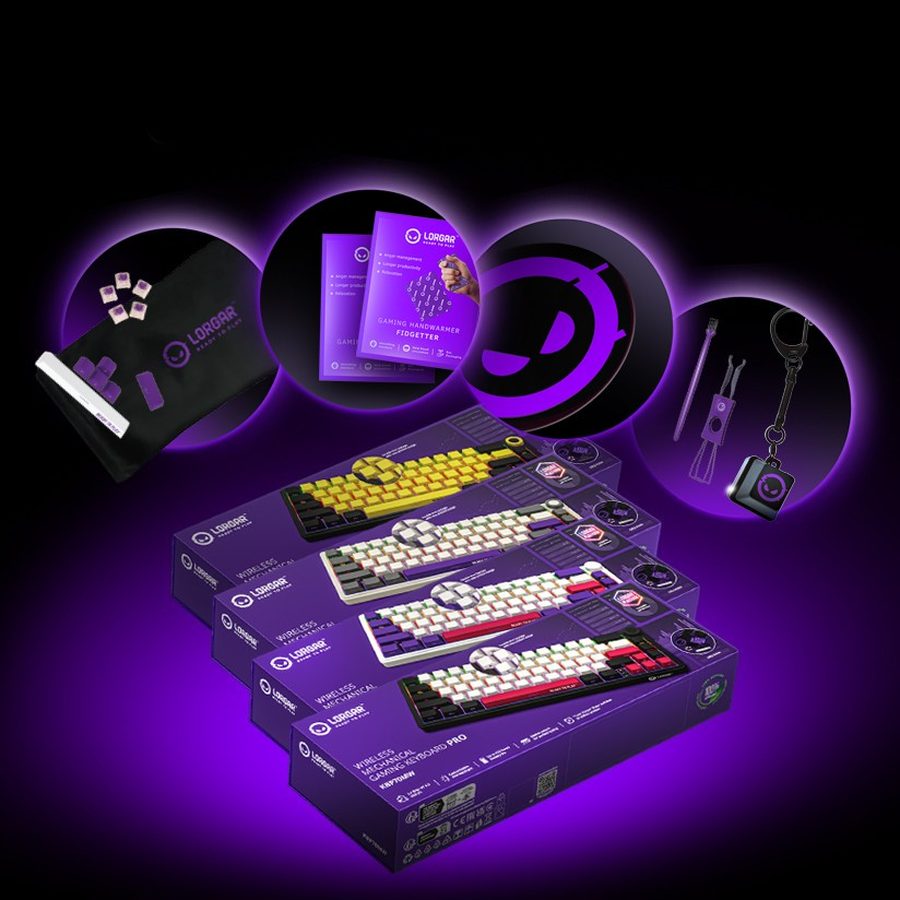 LORGAR keyboard boxes with a set of gamer gadgets in a purple glow