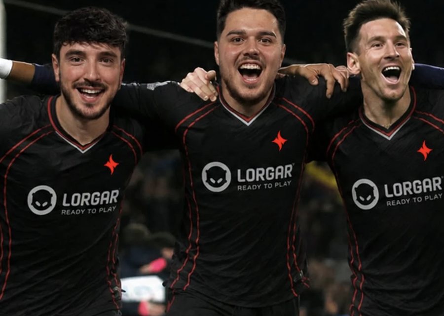 Three HYPERSPIRIT players in shirts with the LORGAR logo celebrating the win