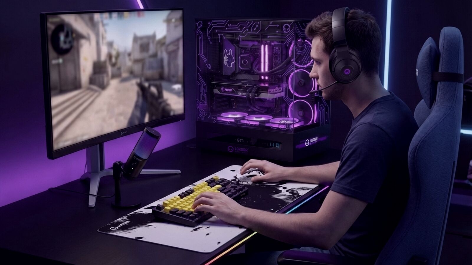 Complete LORGAR gaming setup — PC with RGB lighting, monitor, keyboard and headset