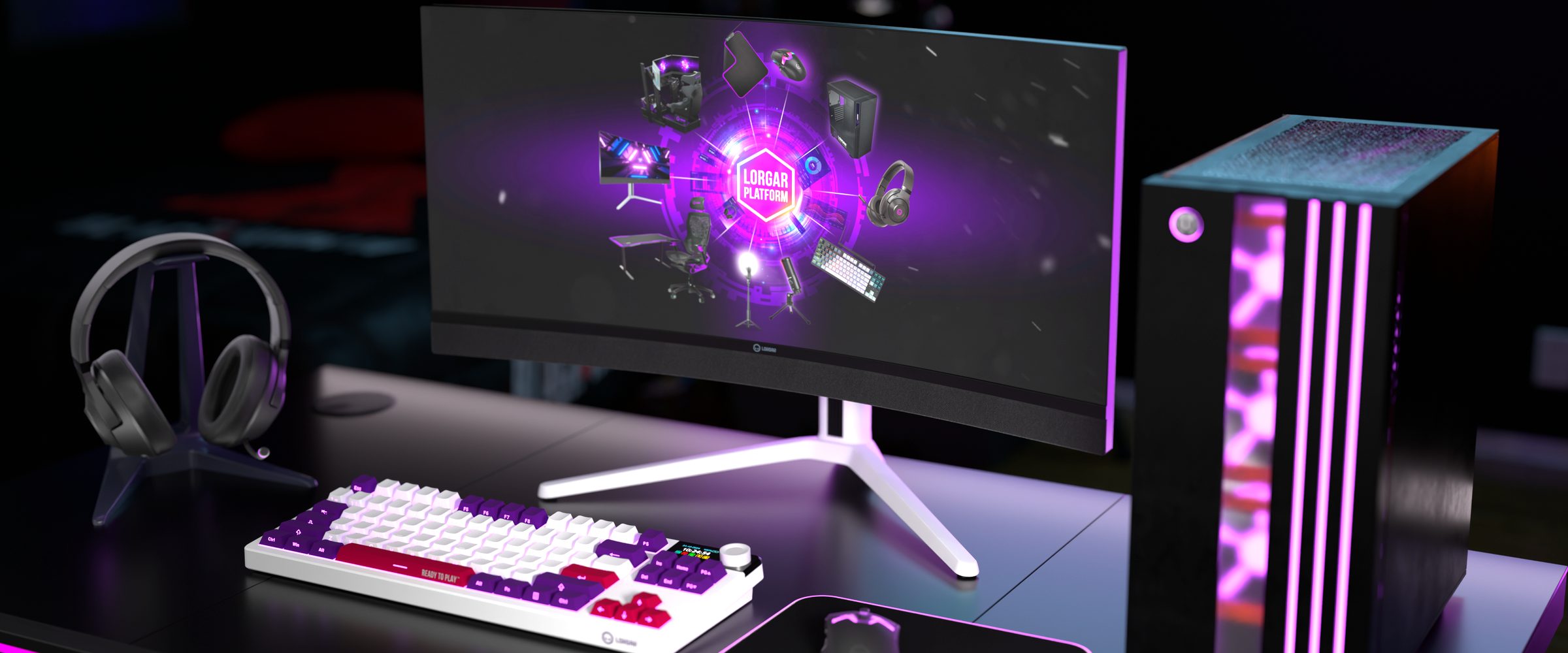 A LORGAR gaming setup &mdash; monitor with the PLATFORM ecosystem, keyboard, headset and computer