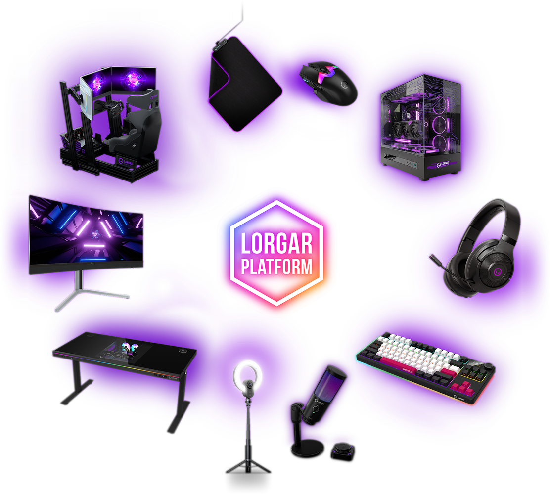 The LORGAR PLATFORM ecosystem — monitor, keyboard, mouse, headset, microphone, desk and chair around a glowing PLATFORM sign