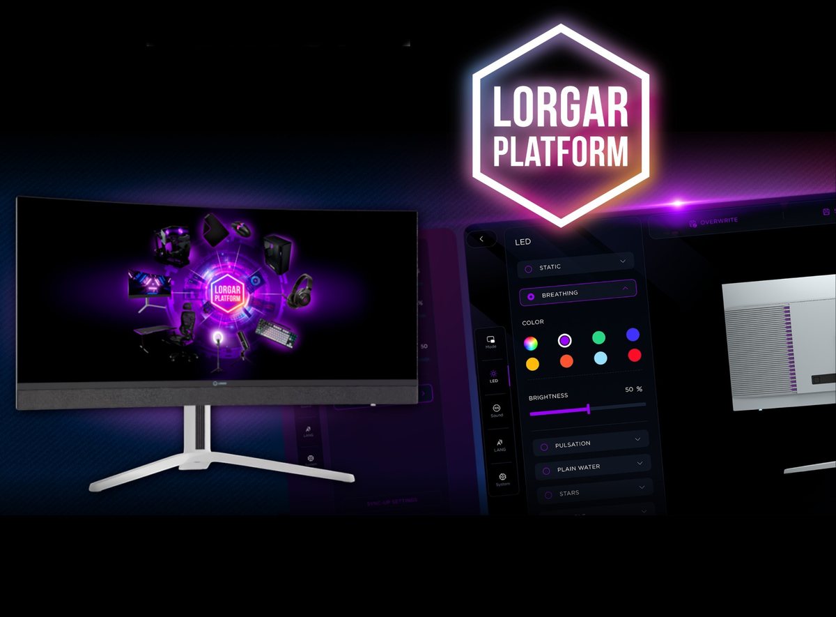 LORGAR monitor with the PLATFORM ecosystem on screen and the lighting editor open beside it