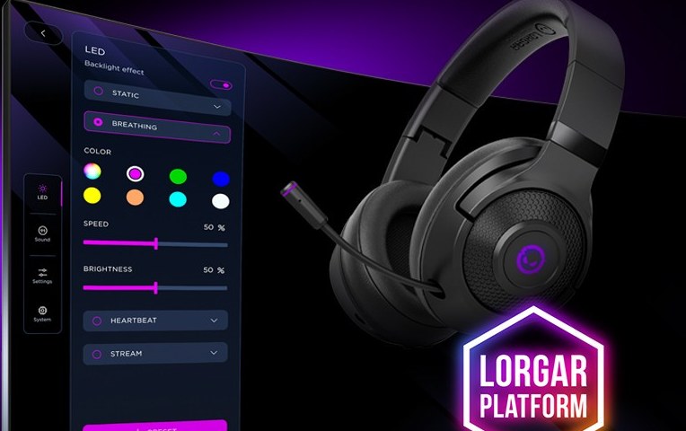 The LORGAR PLATFORM lighting editor next to a pair of Kaya headphones