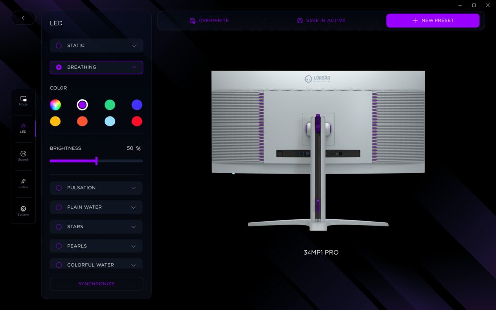 LORGAR PLATFORM &mdash; lighting and colour scheme settings panel