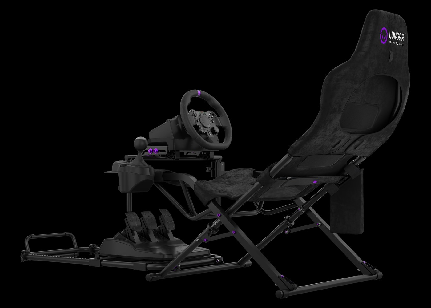 A LORGAR Sim Racing cockpit in three-quarter view &mdash; wheel, shifter, pedals, frame and bucket seat all visible