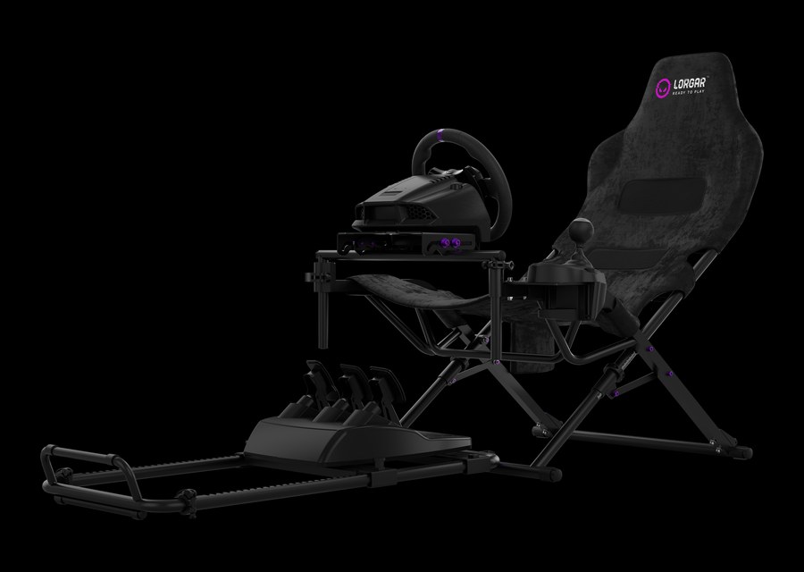 The complete LORGAR Sim Racing Flex cockpit in three-quarter view &mdash; frame, seat, wheel and pedals