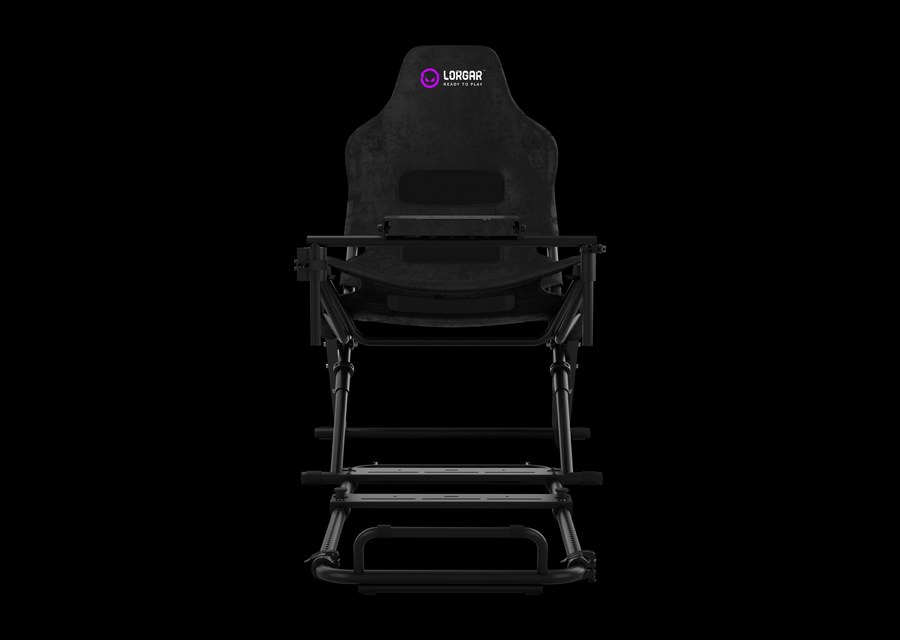 LORGAR Sim Racing Flex cockpit seen from the front &mdash; a narrow silhouette that fits a small room