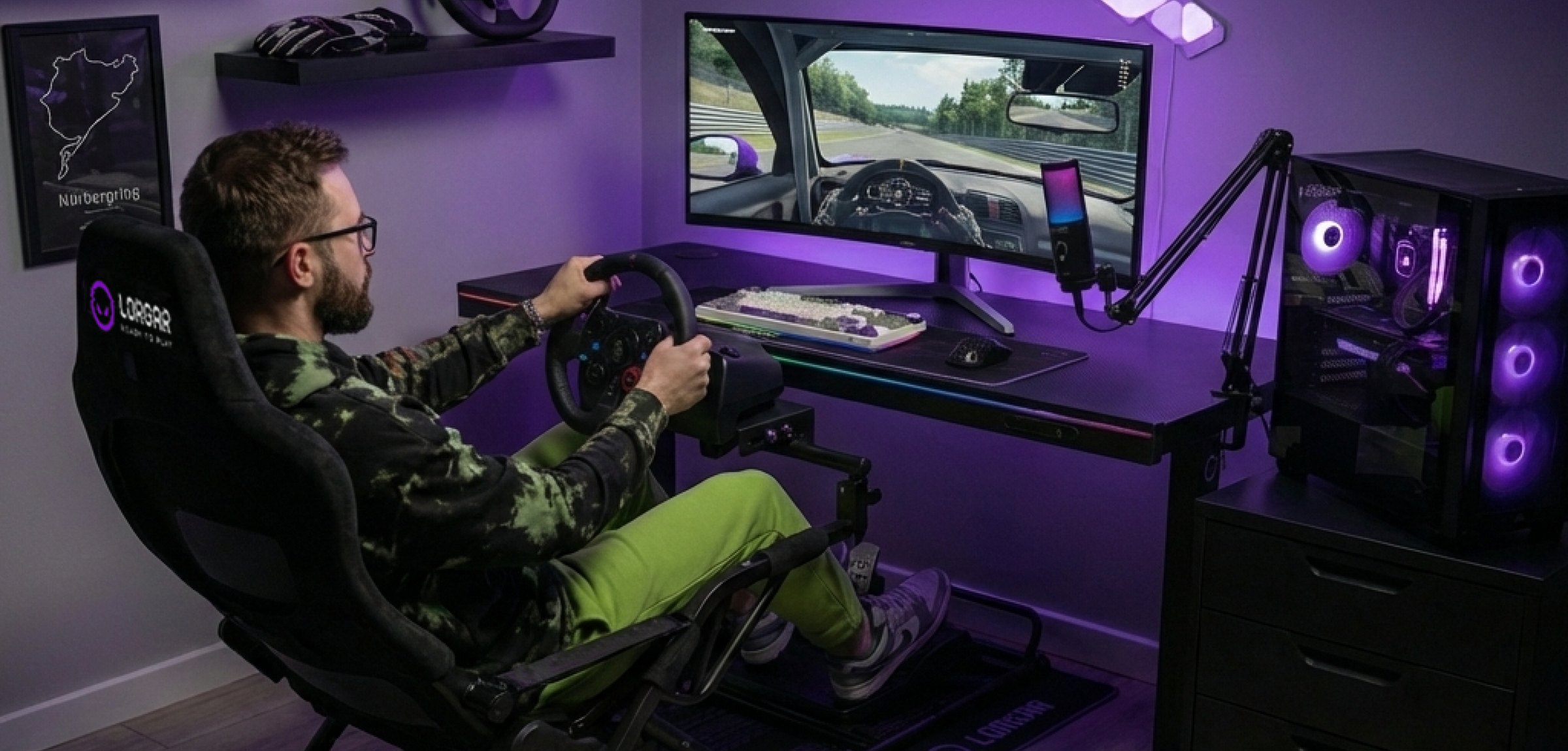 A driver in a LORGAR Sim Racing cockpit in front of a monitor running a racing game, with a computer and microphone behind in purple light
