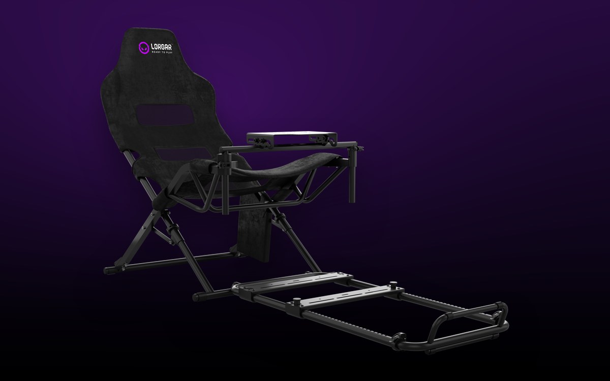 LORGAR Sim Racing Flex cockpit from the side: frame, seat, wheel deck and sliding pedal rails