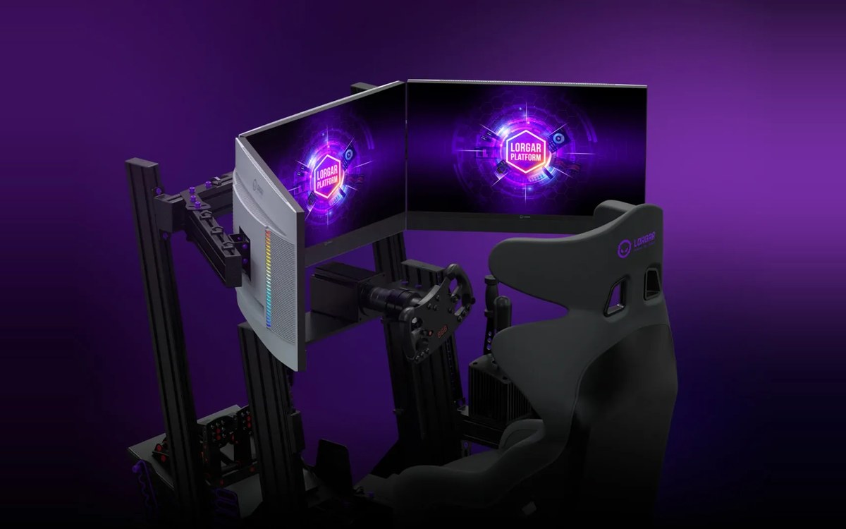 LORGAR Sim Racing Pro cockpit on aluminium profiles: wheel, shifter, handbrake, pedals, bucket seat and two monitors on arms