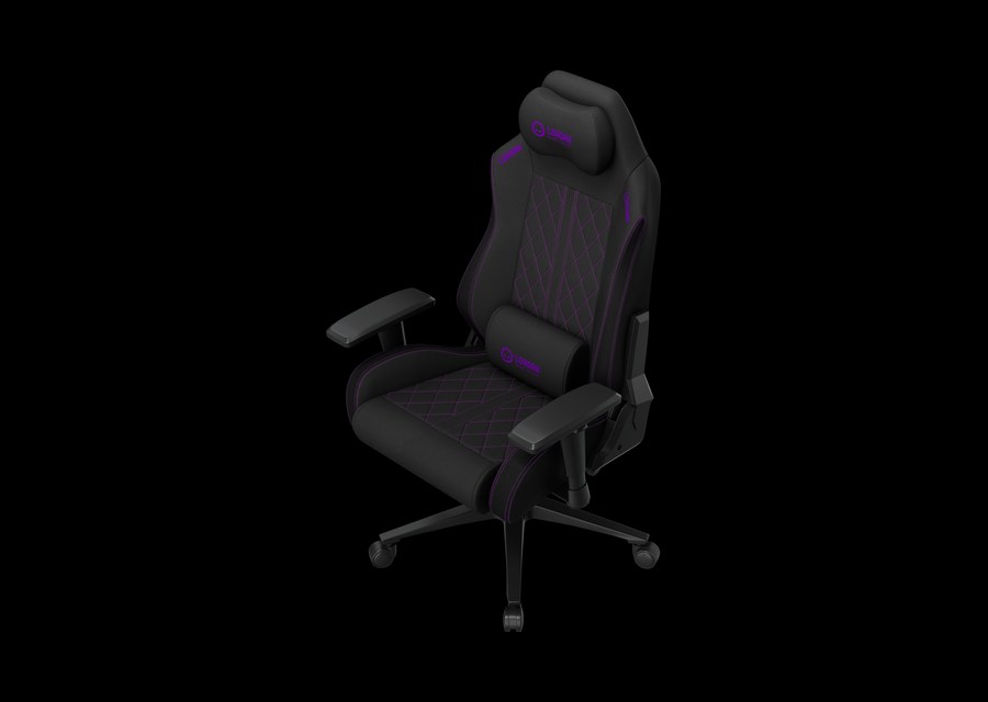 LORGAR gaming chair in black with purple stitching, three-quarter view