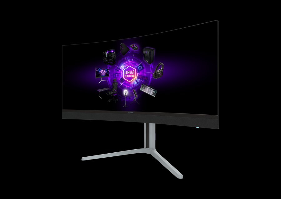 Curved LORGAR ultrawide monitor with LORGAR PLATFORM graphics on screen