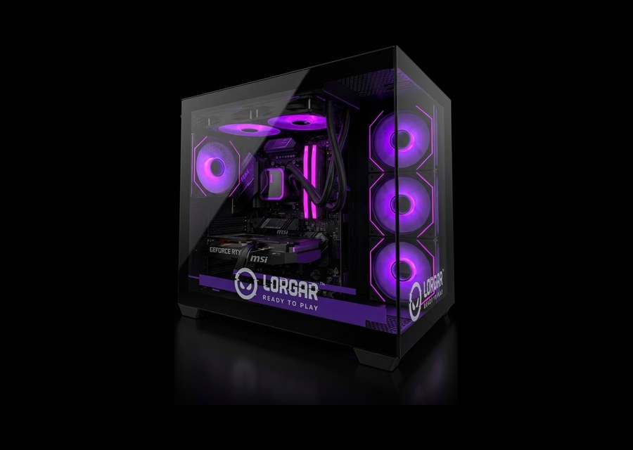 LORGAR gaming computer with RGB lighting and a glass side panel