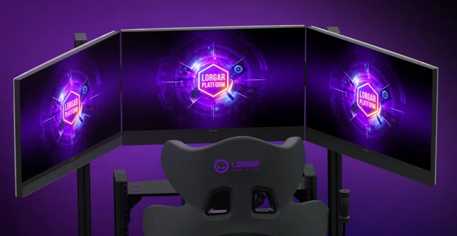 LORGAR Sim Racing Pro cockpit with three monitors arranged in an arc around the seat